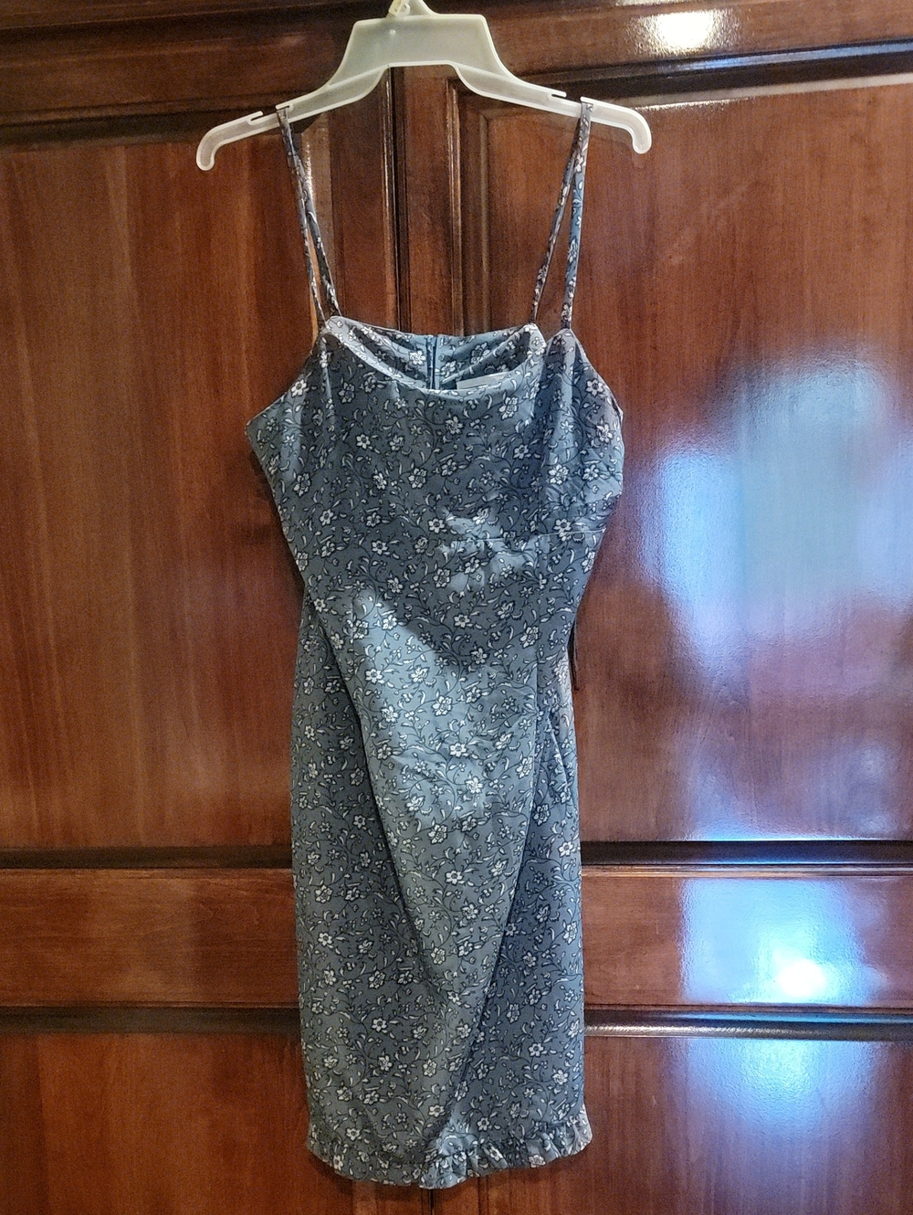 90s Floral-Print Slate Blue Spaghetti Strap Mini Dress